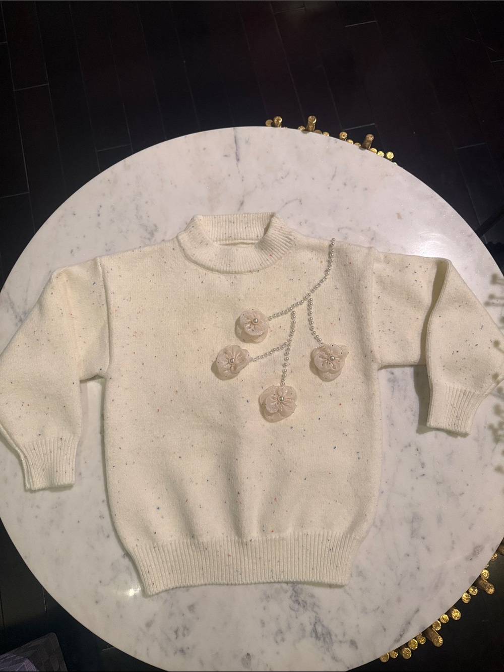 SHEIN Cream Floral Applique Knit Sweater